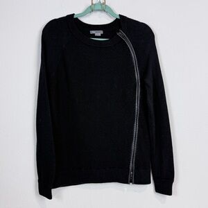 Vince Black Wool Leather Trim Asymmetrical Zip Knit Sweater S